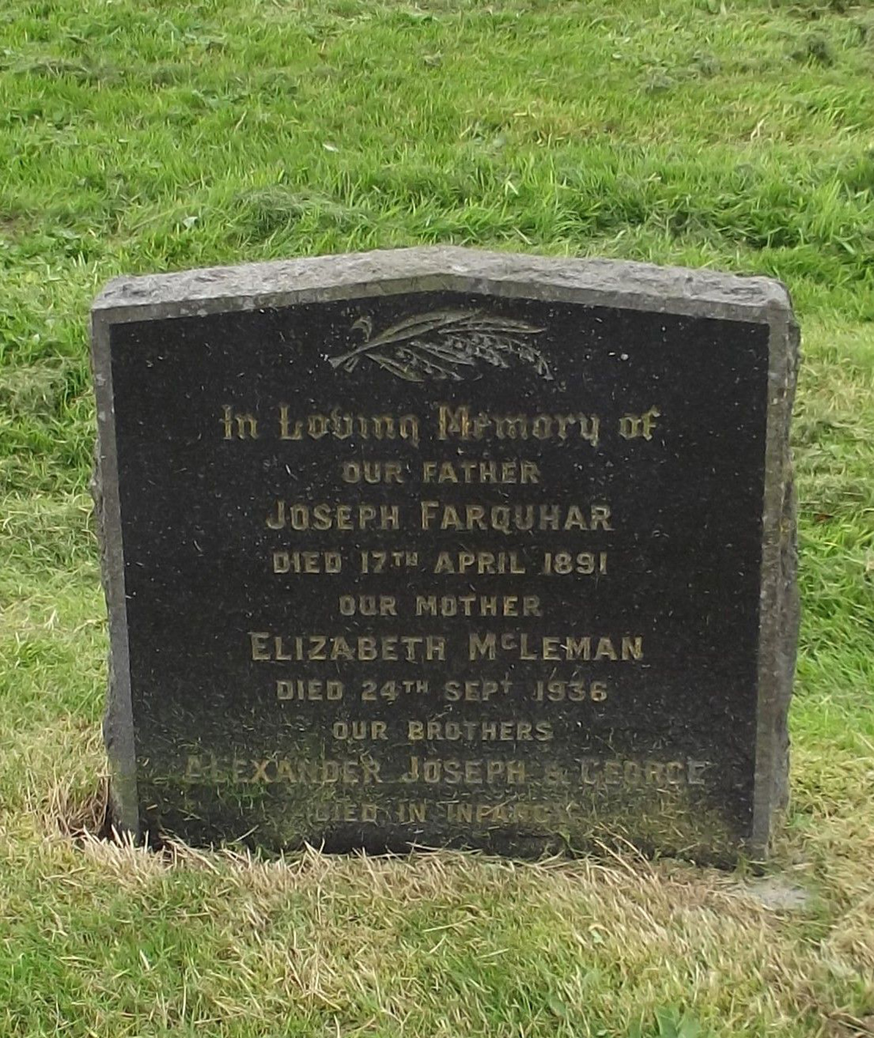 Photo of headstones/Elizabeth Farquhar (McLeman) died 1936 MI Kinneddar Graveyard,  Lossiemouth